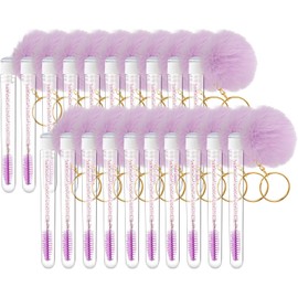 20 piezas de cepillos desechables para limpieza de pestañas, varitas de rímel, llavero con bola de piel sintética, cepillo para pestañas, herramienta de maquillaje, juego de aplicadores (morad