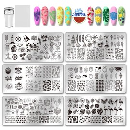 PH PandaHall Nagel-Stamping-Platten-Kit, 6 Stück Sommer Ocean Beach Schablonen Nail Art Schablonen Bildplatten aus rostfreiem Stahl mit Silikon Nail Stamper Scraper Werkzeug für Frauen Maniküre