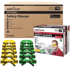 BISON LIFE Keystone Series Safety Glasses | One Size, Color Protective Polycarbonate Lens - Black Temple, 6 Yellow and 6 Green (12 pairs in 1 box), 144-Pairs