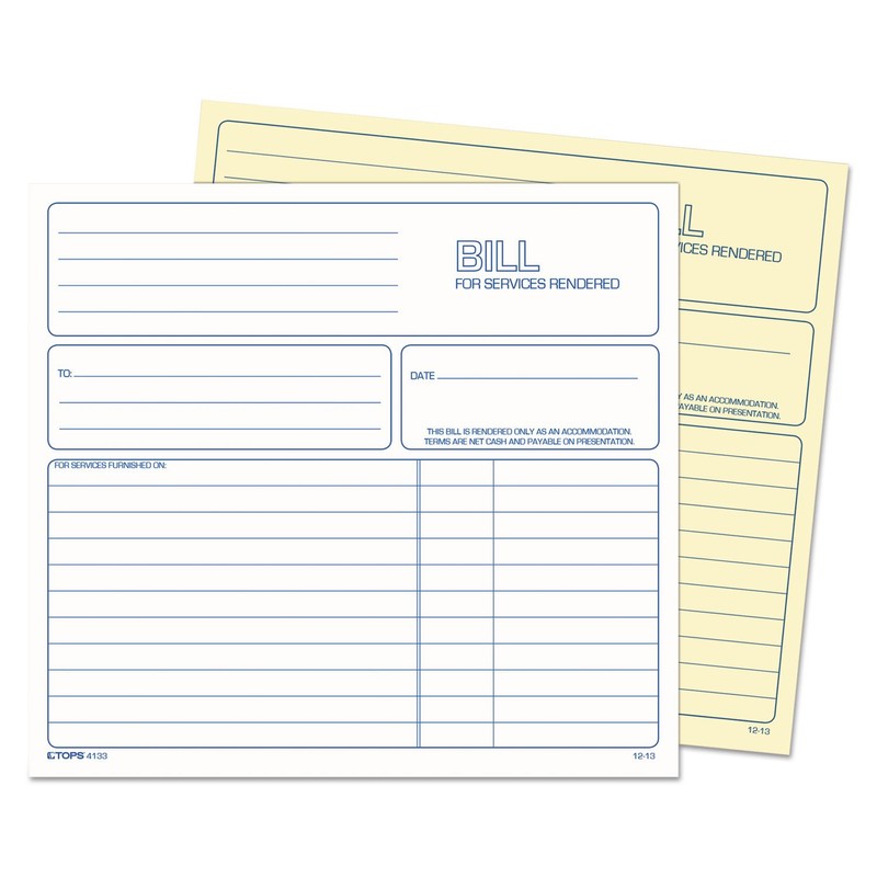 TOPS 2-Part Carbonless Bill for Services Rendered Book, 8.5 x