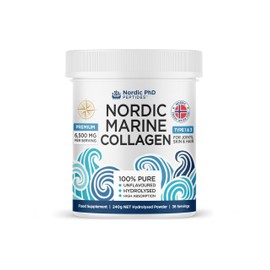 Nordic PhD Peptides Nordic Marine Collagen Powder - 100% Pure Hydrolysed Collagen Peptides - Type I & III - 6,500mg Per Serving - High Absorption - Unflavoured - 240g | 36 Servings