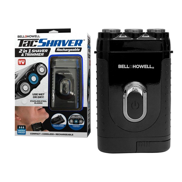 Bell+Howell Tacshaver 3D Rechargeable Rotary Shaver for Men with Pop-up Trimmer for Sideburns, Moustache and Beard, Waterproof, Portable, and Cordless Electric Razor As Seen On TV (Deluxe)