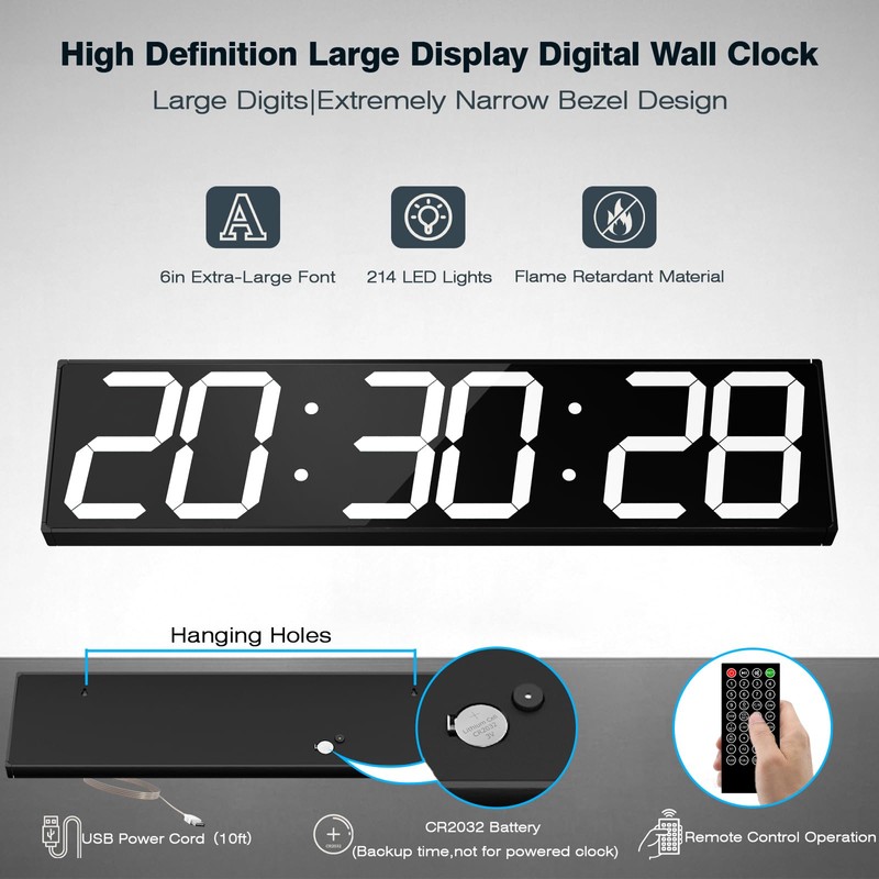 CHKOSDA Digital Wall Clock with Large Display, 28.4‘’LED 6-Digit Large