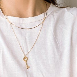 Silver 925 18k layered key heart pendant silver necklace key heart pendant necklace pink gold 41cm / 실버925 18k 레이어드 열쇠 하트 팬던트 은 목걸이 열쇠 하트 팬던트 목걸이  핑크골드 (Pink Gold)  41cm