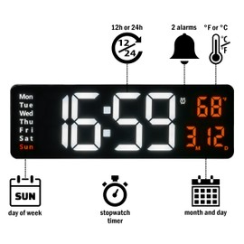 Opis Clock 1 (XXL White & Orange) – Extra Large Digital Wall Clock with Date, Temperature and Timer – The Big LED Large Digital Clock for Walls