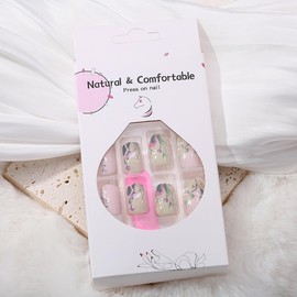 KTAABTR Flower Press on Nails Medium Square 3D Flowers Fake Nails with Glue Spring Floral Acrylic Nails Stick on Nails for Woman Girls DIY Manicure 24Pcs Glossy False Nails Decoration Set