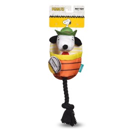 Peanuts for Pets Interactive Camping Themed Snoopy Plush Toy with Sliding Rope - Durable Dog Tug Toy for Large Dogs and Aggressive Chewers - Cute Squeaky Dog Toy in Sleeping Bag Design - 11 Inch