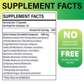 Active Hexose Correlated Compound 1500 mg Supplement, Natural 8 Mushroom Extract Supplement, Immune System, Liver Function, Natural Killer and T Cells Activity, 180 Veggie Capsules