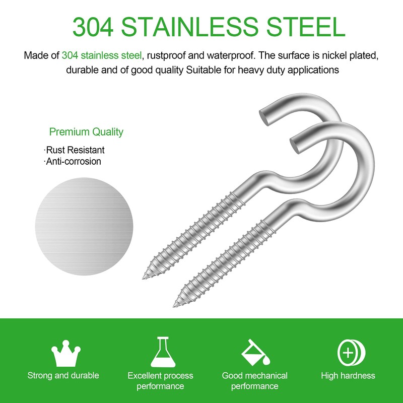 304 Stainless Steel Screw-in Hooks, Heavy-Duty Eye Hooks for Wood,