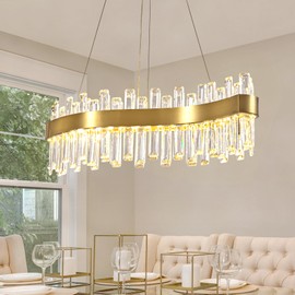 Siljoy Modern LED Crystal Chandelier, Luxury Brass Gold 2-Tiers K9 Crystal Raindrop Chandelier, Adjustable Height Linear Crystal Pendant Island Light for Living Dining Room Kitchen Island L30''