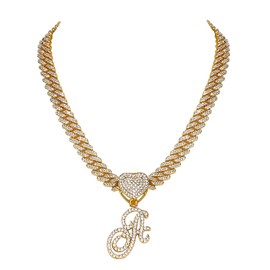 Flongo Women's Necklace Silver Necklace: Gold Iced Out Cuban Link Chain Kuban Plate Chain Statement Curb Chain Fashion Jewellery Women Choker Hip Hop Jewellery Chains with A Pendant Gift for Men