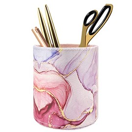 WAVEYU Pen Holder for Women Girls, Pencil Cup Pink Desk Decor, Makeup Brush Holder Large Pu Leather Multi-Functional Organizer Cup for Office, Classroom, Home, Colorful Marble