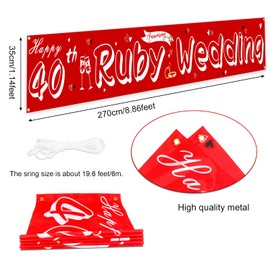 DPKOW Happy 40th Ruby Wedding Anniversary Banner for 40th Wedding Anniversary Decoration, Fabric Banner for Ruby Wedding Anniversary Decoration for Wall Garden Table, 270 * 35cm