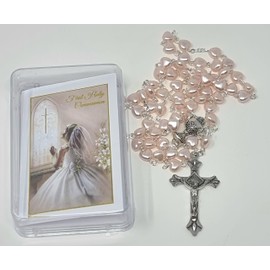 celebrationgiftsforall First Holy Communion Girls Pearl Pink Heart Rosary in a Plastic Case with a How to Pray The Rosary and Mysteries Recital Details/Prayer Gift Set for her