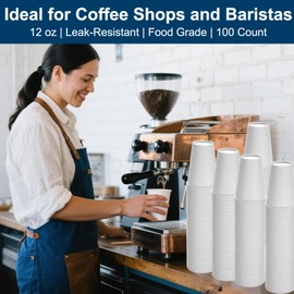PULOSPACK 100 Count 12 oz Disposable Paper Coffee Cups – Thickened White Paper Cups for Hot/Cold Drinks, Leak-Free Food Safe Paper Cups for Home, Office, Party, Events
