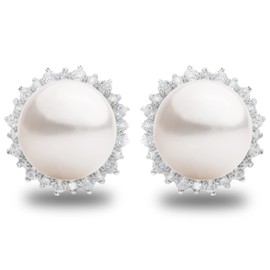 Women Pearl Stud Earrings, Fresh Water Cultured Pearls Button Shape 11,5-12,00 mm with a Small Zirconia Stone Secret & You | Sterling Silver 925 Mounts with big nuts.