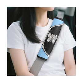 Zpana Bling Car Seat Belt Cover, 2PCS Carbon Fiber Crystal Rhinestone Butterfly Vehicle Seat Belt Strap Shoulder Pad, Comfortable Automotive Neck Shoulder Mat Cushion, Universal Fit (Blue)