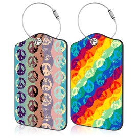 Mazumbuy Set of 2 Luggage Tags for Suitcase Vintage Peace Signs Leather Baggage Tags Set with Stainless Steel Loop Name Address Labels Privacy Cover for Men Women Travel Bag Suitcase, 4.6 x 2.7 inch