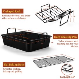 E-far Roasting Pan with Racks, Large Stainless Steel Turkey Roaster with V-Shaped & Cooling Rack for Oven, 16 Inch Nonstick Deep Broiler Pan with Handles for Baking Chicken Lasagna Meat, Heavy Duty
