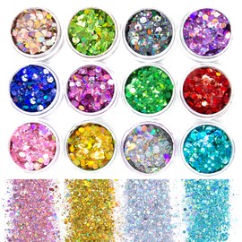 ZIYOYIZ 12 Colors Holographic Chunky Glitters Festival Body Nails Face Glitters Sequins for Painting/Art Crafting DIY/Makeup (01, 7g)