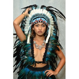 Native American Inspired Headdress - Handcrafted with Genuine Feathers and Beads (Turquoise & White)