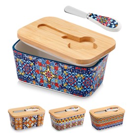 vancasso SIMI Butter Dish with Lid, 6.5" Large Butter Dish for Countertop, Bohemian Ceramic Butter Keeper Container with Knife and Bamboo Lid, Butter Holder for Counter, Twilight Bloom