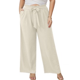 AusLook Women's Plus Size Wide Leg Pants with Pockets Ivory 1X Lightweight High Waisted Tie Knot Paperbag Dressy Palazzo Loose Paper Bag Comfy Business Casual Work Flowy Dress Trousers