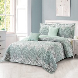 Home Soft Things 5 Piece Kingston Damask Printed Microfiber Quilts Bedding Set Oversize Queen 90" x 90", Bluish Green Floral Medallion, Soft Warm Prewashed Durable Bedspread Coverlet Set