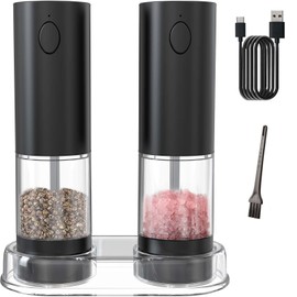 Rulsinbol Electric Salt and Pepper Grinder Set, Rechargeable Automatic Salt and Pepper Grinder Set, One Hand Operation with LED Light, Adjustable Coarseness, Refillable, 95ml, Black (2 Pack)