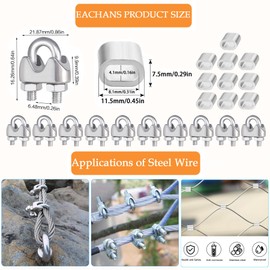 50m (164ft) Stainless Steel Wire Rope - 2mm PVC Coated 304 Steel Cable with 10 Wire Rope Clamps - Durable, Weather-Resistant Cable for Curtain Rods, Clotheslines, Plant Supports, String Lights, and Mo