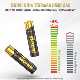 BONAI Gold Top Rechargeable AAA Batteries 12 Count, Upgrade High-Performance 1100mAh High Capacity NiMH AAA Rechargeable Batteries Low Self-Discharge