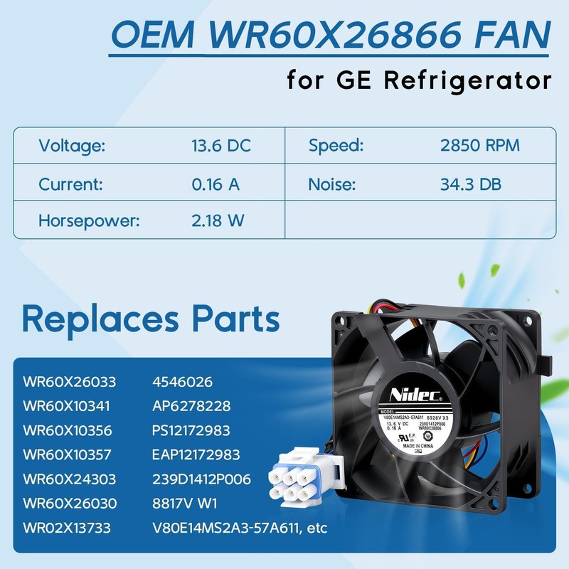 Upgraded WR60X26866 (OEM) Refrigerator Evaporator Fan Motor for GE Refrigrator,