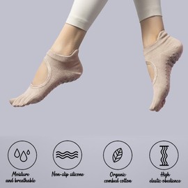 Ruayia Yoga Socks Non-Slip Stopper Socks Women's Pilates Socks Gymnastics Kickboxing Fitness Socks Yoga Toe Socks Non-Slip Toeless Pilates Socks Non-Slip Socks, Yoga Socks Mocha