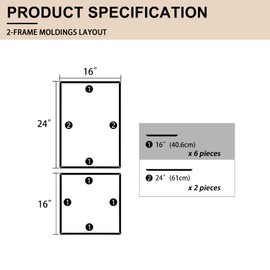 Hungbak 2 Set of 16" x 16" and 16" x 24" Pre-Cut Accent Wall Molding Trim Kit, Peel and Stick Premade Wainscoting Panels for Interior Decoration, Ready to Assemble Chair Rail Moulding