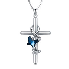 Flpruy Butterfly Cross Necklace 925 Sterling Silver for Women Forever in My Heart Crystal Butterfly Cross Necklace