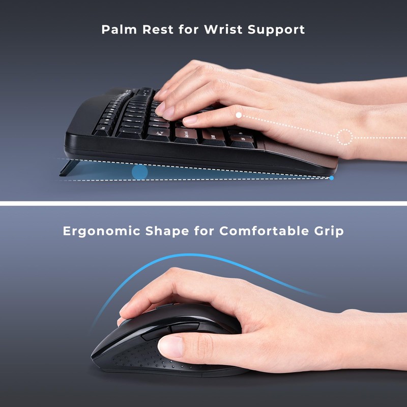 Ergonomic Keyboard and Mouse Combo, Full Size Cordless Computer Keyboard