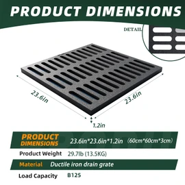 Cast Iron Drain Grate, 24 * 24in Outdoor Drain Cover, Heavy Duty B125 Class Channel Grate, Black Square Drainage Grate, Metal Sewer Grate for Concrete Floor, Yard, Driveway & Garage.