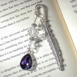 Pyotivol Vintage Bookmark Metal Feather Book Mark with Drop Natural Crystal Pendant Chain Book Marks for Reading Women, Men, Book Lovers, Girls and Teachers Bookmarks(February)