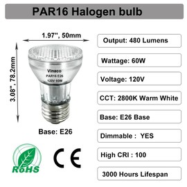 Vinaco PAR16 Halogen Bulb 60 Watt, 6 Pack High Output 480LM Flood, Warm White 2800K, Dimmable with E26 Base, Long Neck for Ceiling Light