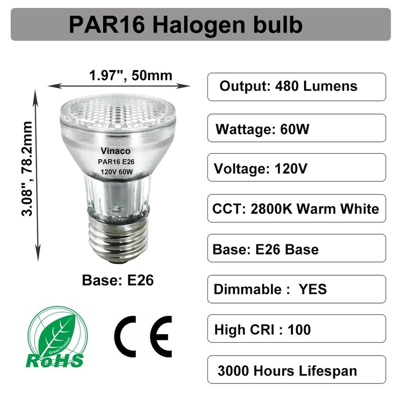 Vinaco PAR16 Halogen Bulb 60 Watt, 6 Pack High Output