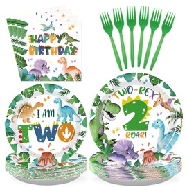 96Pcs Dinosaur 2nd Birthday Party Supplies Two Rex Dinosaur Plates and Napkins Tableware Sets Dinosaur Second Birthday Party Decorations for Boys Baby Shower 2 Year Old Birthday Party Serves 24