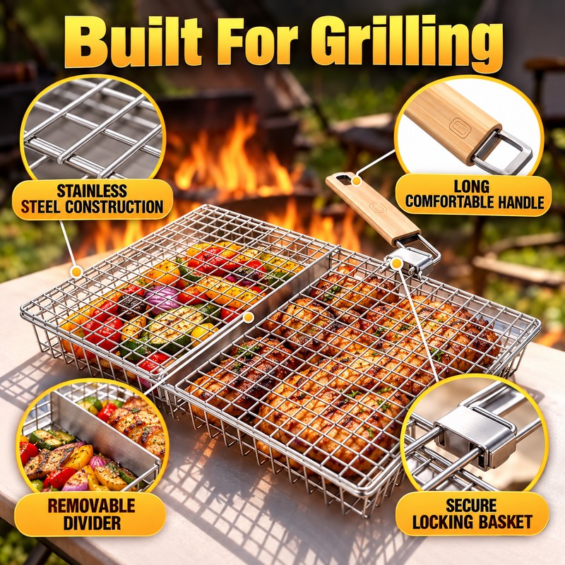Stainless Steel Grill Basket with Removable Divider – Reusable BBQ
