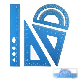 DHWEKU Set Square, Ruler 15 cm Children, 4-Piece Metal Ruler Set with Rounded Corners, Safety Design, Stationery, Maths, Geometry Kit, Protractor for Students, Teachers, School, Blue