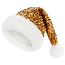POPOYU Christmas Hat Sequin Gold Fluffy Santa Hat for Christmas Party