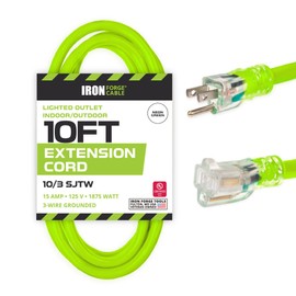 Iron Forge Cable 10 Gauge Extension Cord 10 ft, 10/3 Heavy Duty Extension Cord 3 Prong Lighted End, SJTW Weatherproof Light Green Outdoor Power Cable for Major Appliances, 15 AMP