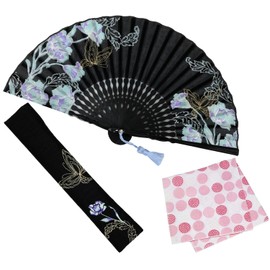 Osaka Choseido Folding Fan, Women's, Stylish, Business, Folding Fan Bag, Set with Handkerchief, Bouquet, Navy