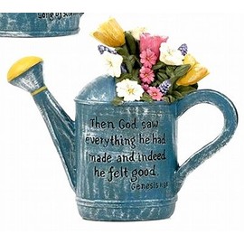 Lovely Garden Blue Watering Can with Flowers and Scripture 4.25" Resin Figurine
