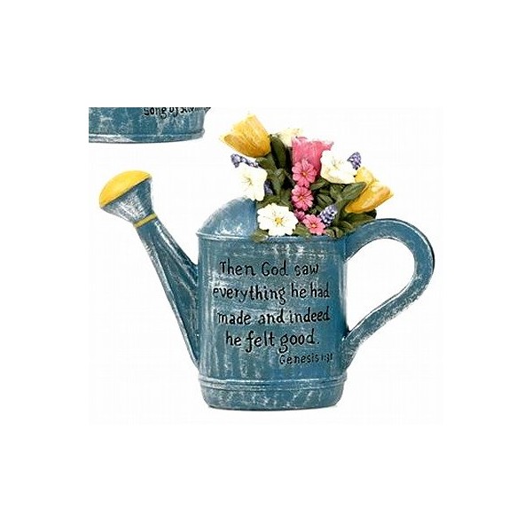 Lovely Garden Blue Watering Can with Flowers and Scripture 4.25"