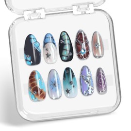 Gradient Press on Nails Handmade Press on Nails Punk Rock Gothic Cool Designs Stars Fake Nails Full Cover French False Nails Medium Almond 3D Silver Steel Ball False Nails for Women (Size S)