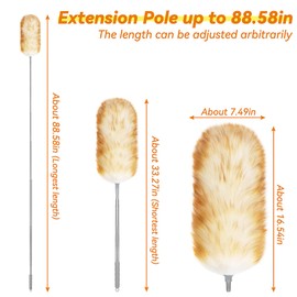Lambswool Duster with Extension Pole up to 88.58 in, Natural Feather Dusters Long Handle Stainless Steel, Fluffy Feather Duster for Cleaning High Floor Ceiling Fans, Window Blinds Shelves, Furniture